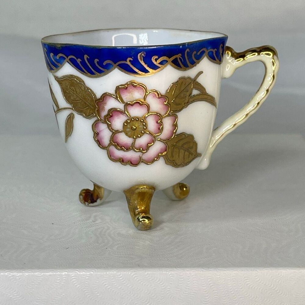 VTG miniature porcelain teacup raised gold gilt footed enamel